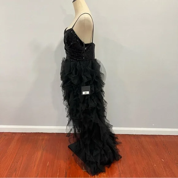Mac Duggal Black Sequin Mini Gown With High Low Ruffle Tiered Train - Reemoly
